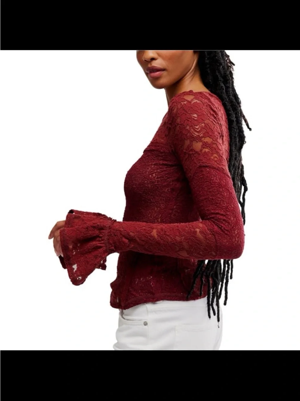NWT free people women’s flared sleeve sheer lace top color Cabernet size small